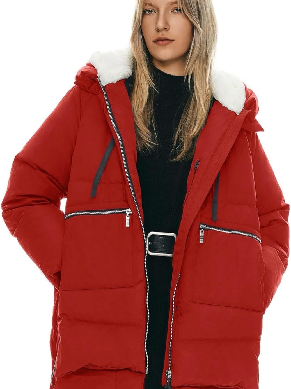OROLAY Women's Down Red Puffer Coat with White Faux Shearling Hood